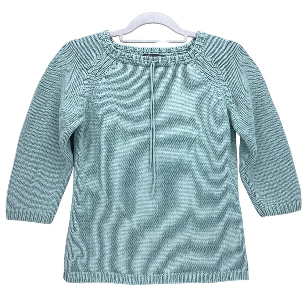 Mendocino Seafoam Green Cotton Knit Sweater PM Petite 3/4 Sleeve Tie Neck Raglan